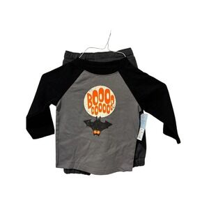 Cat & Jack Baby Halloween 2pc Set 12M Boooo Bat Raglan Shirt & Joggers Dark Grey